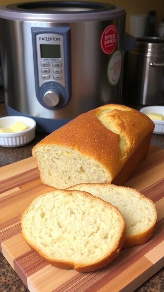 Easy Homemade Bread Machine Recipe A golden crusted homemade bread loaf on a cutting board with sliced pieces beside it.